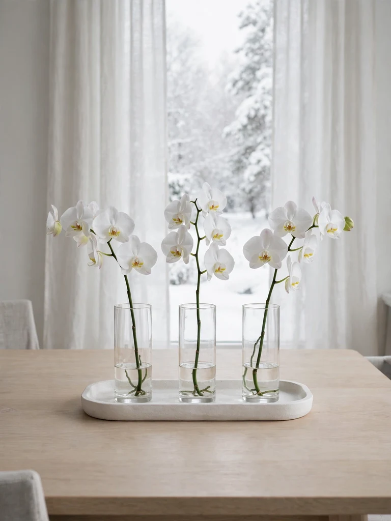White phalaenopsis orchid stems in glass cylinders on pale oak table in Scandinavian dining room