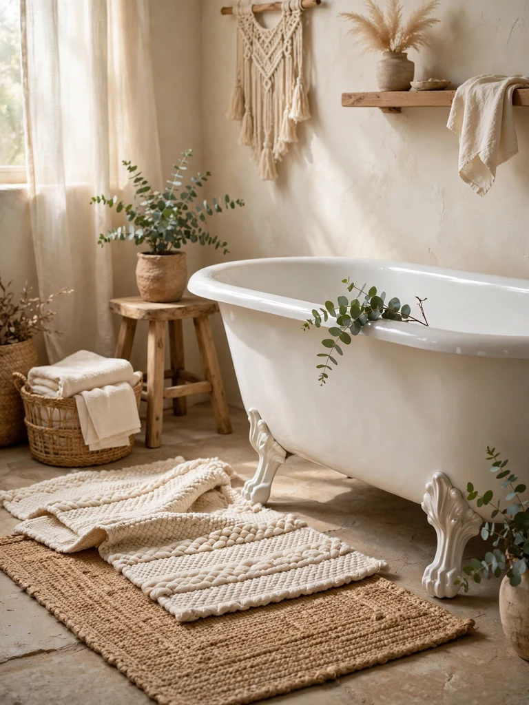 Boho bathroom with layered cream woven cotton and jute bath mats beside a clawfoot tub in morning light