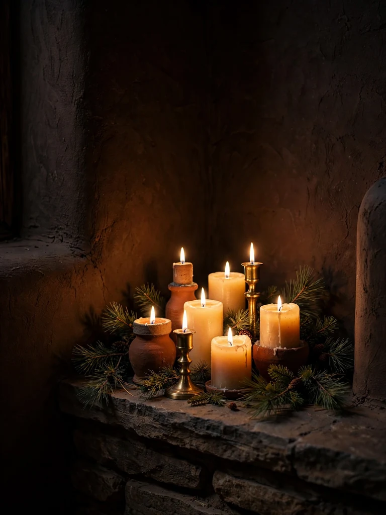 Santa Fe adobe bathroom at night with glowing pillar candles in terracotta and brass holders on a stone ledge