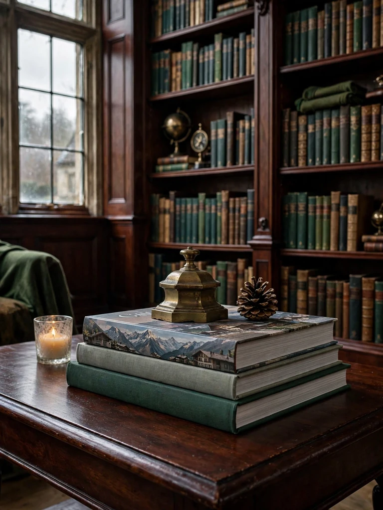 English study with oversized coffee table books topped with a brass paperweight, pinecone and holiday votive