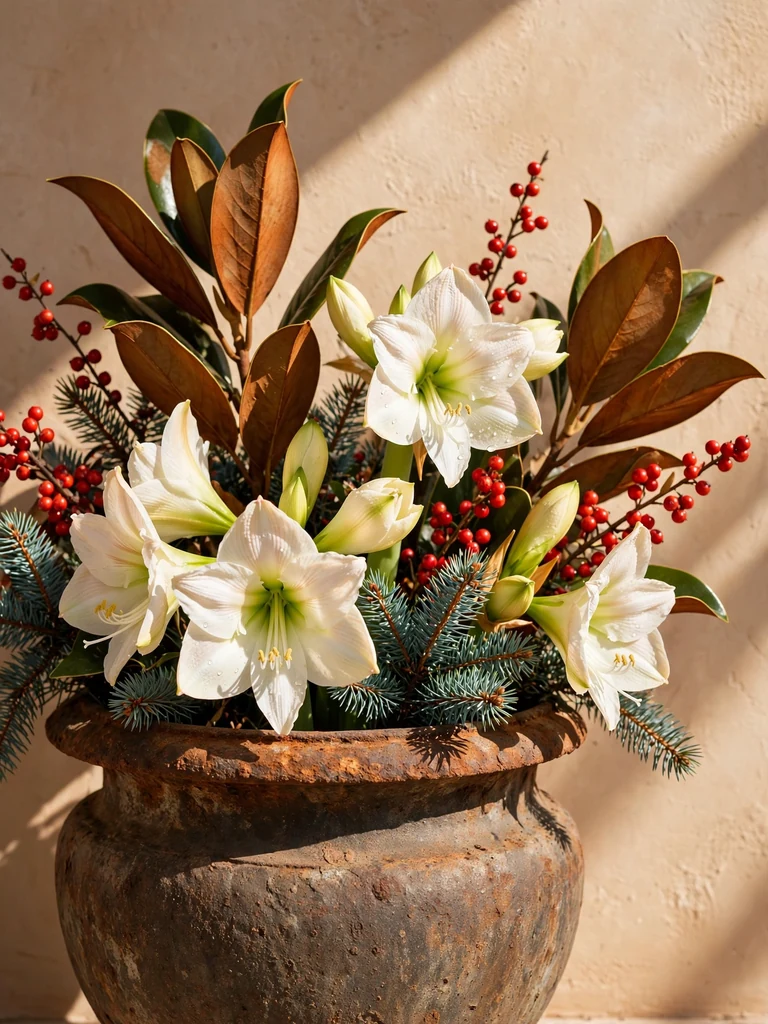Desert-modern close-up of white amaryllis, red ilex berries and blue spruce in an aged iron urn
