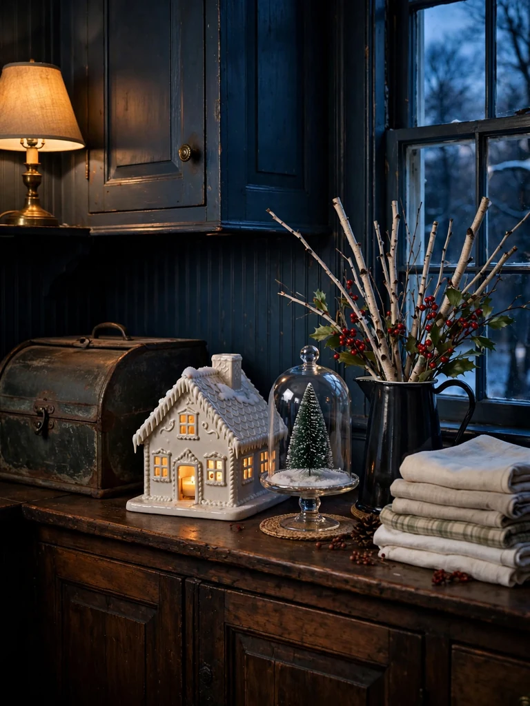 New England colonial kitchen hutch with gingerbread house cloche, bread box and birch twig pitcher at dusk