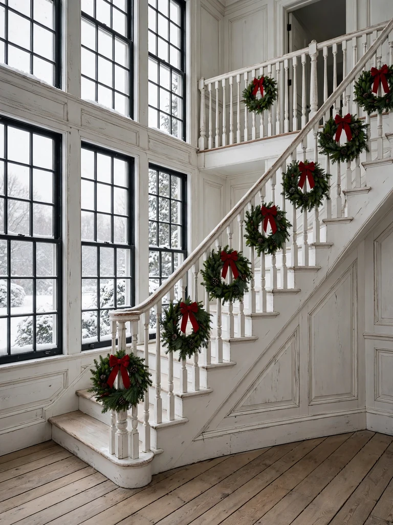 New England colonial staircase with small evergreen wreaths and red bows on the balusters