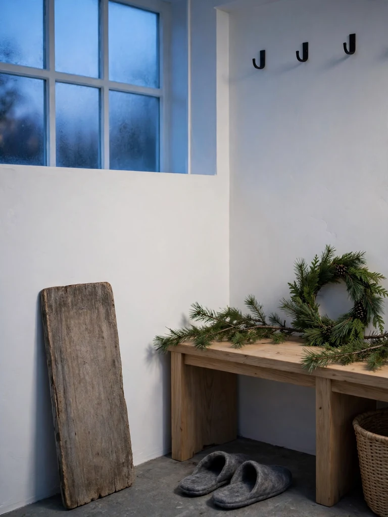 Scandinavian minimal mudroom at dusk with a blank weathered wooden plaque, oak bench, pine sprigs and cedar wreath