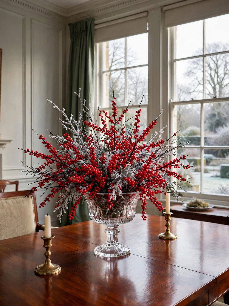 Crystal compote dish overflowing with red winterberry branches on a mahogany table