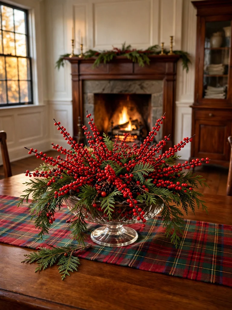 Glass compote dish overflowing with red winterberry stems and cedar sprigs on cherrywood table