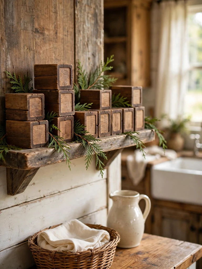 Distressed wooden blocks with walnut stain styled with cedar sprigs on a reclaimed farmhouse shelf