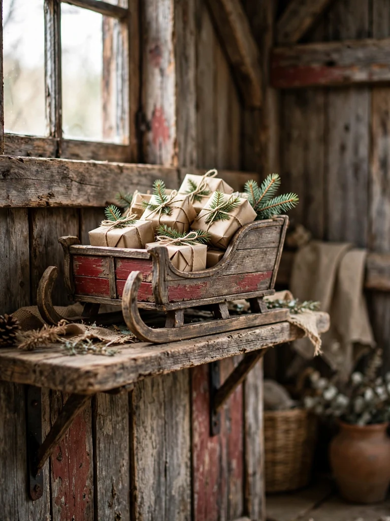 Distressed wooden miniature sleigh filled with tiny twine-tied gifts on a weathered oak shelf