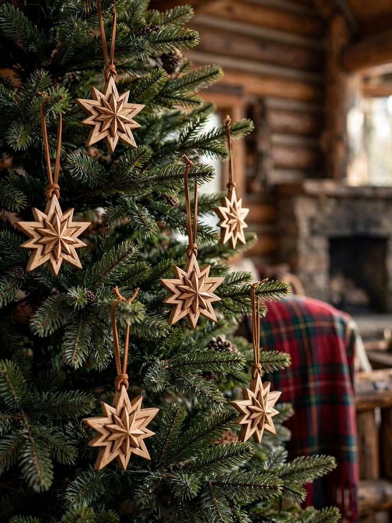 Carved wooden star pendants on leather cords hanging from a balsam fir in a log cabin
