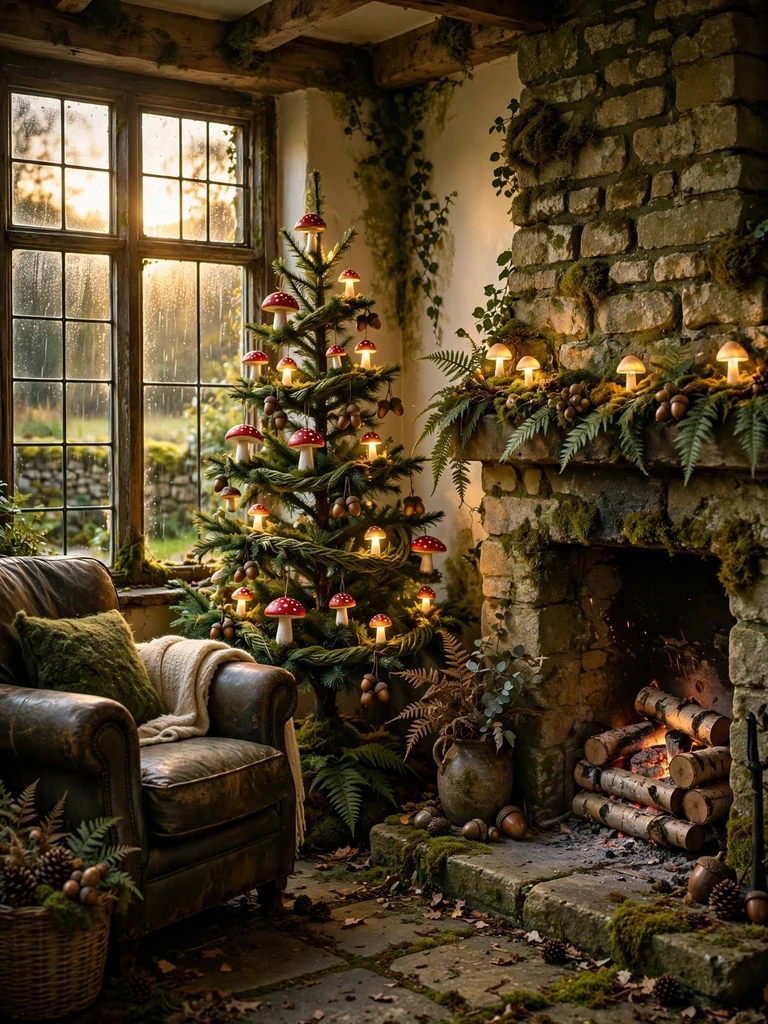 Whimsical Christmas tree with toadstool ornaments and glowing mushrooms in an English cottage